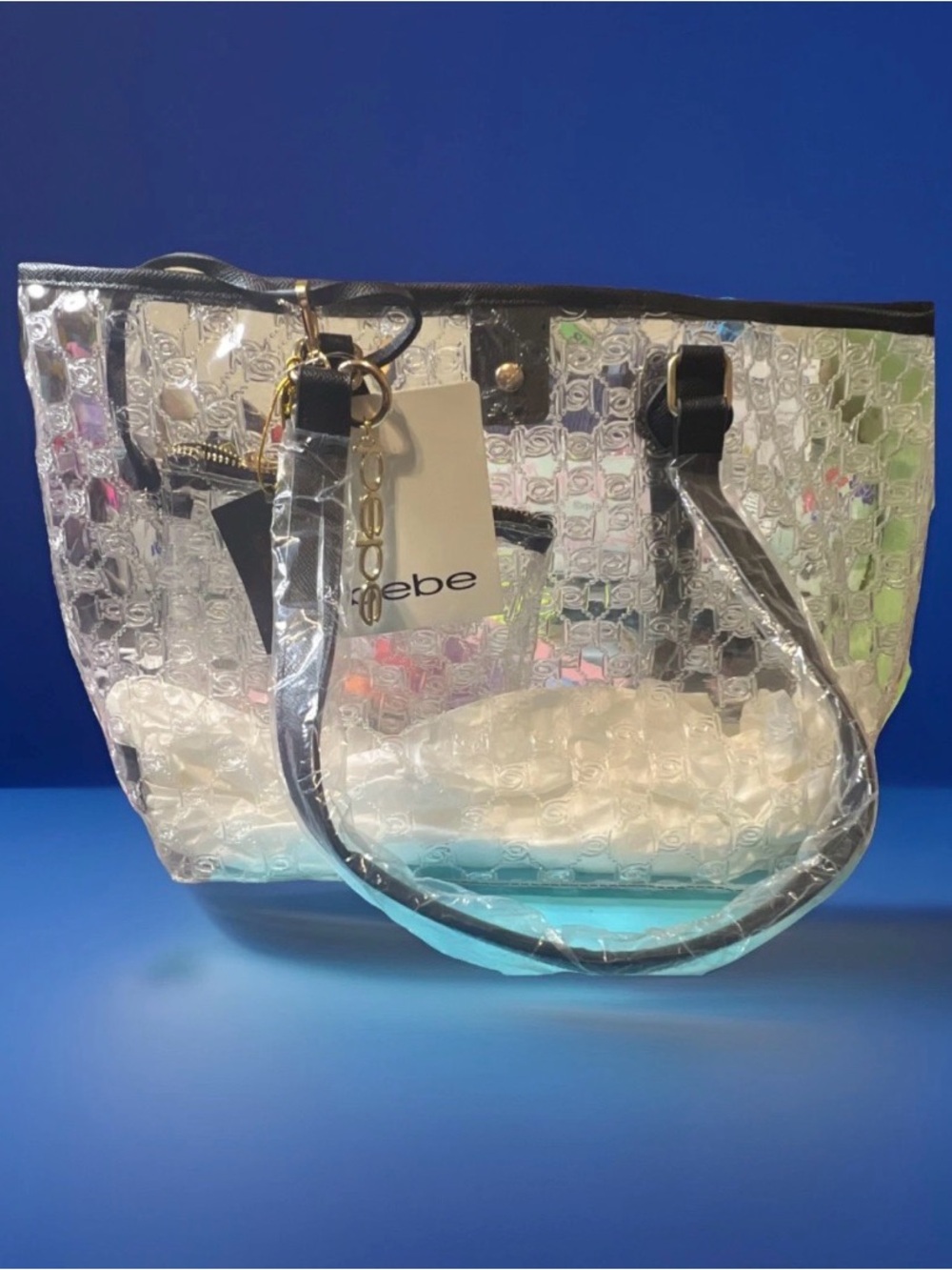 BEBE Caitlin 2 in one Clear Embossed Tote with Black Trim and Handles